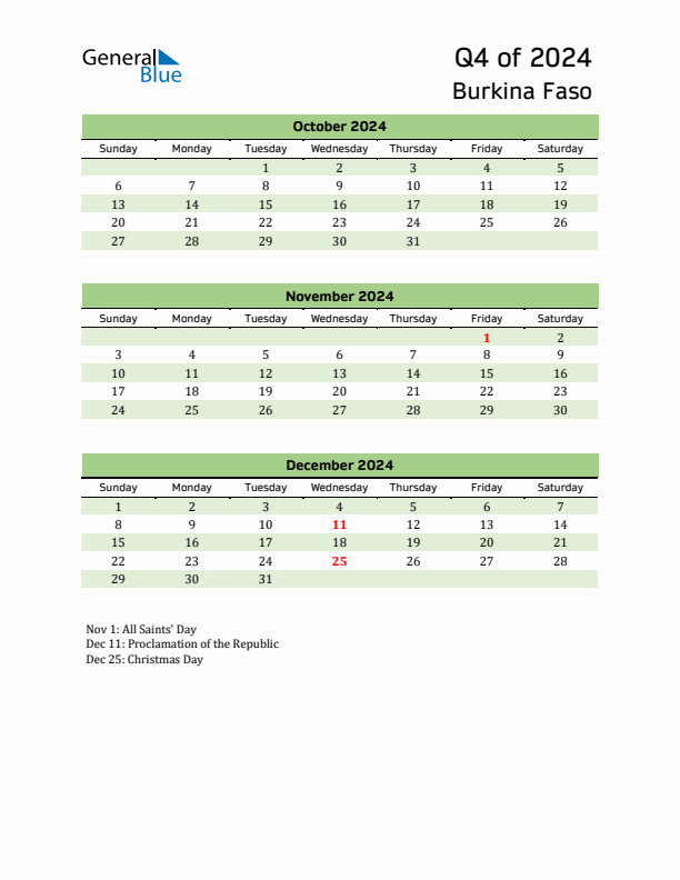 Quarterly Calendar 2024 with Burkina Faso Holidays