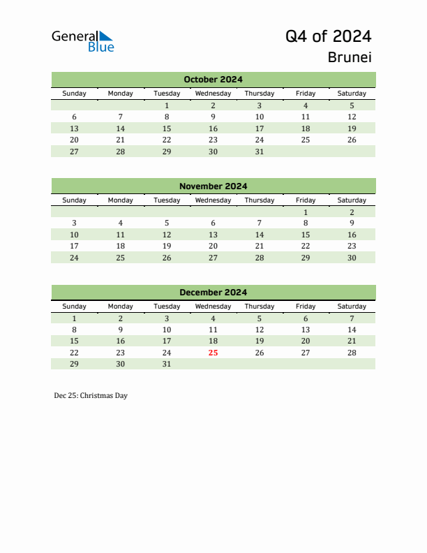 Quarterly Calendar 2024 with Brunei Holidays