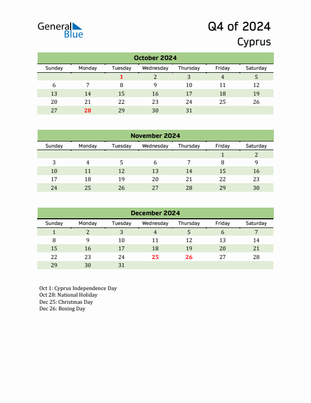 Quarterly Calendar 2024 with Cyprus Holidays