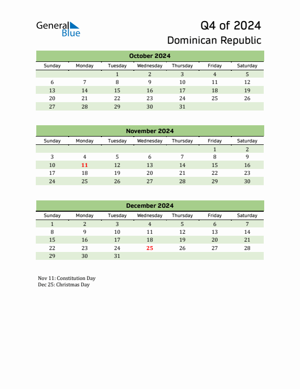 Quarterly Calendar 2024 with Dominican Republic Holidays