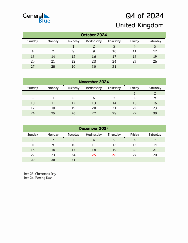 Quarterly Calendar 2024 with United Kingdom Holidays