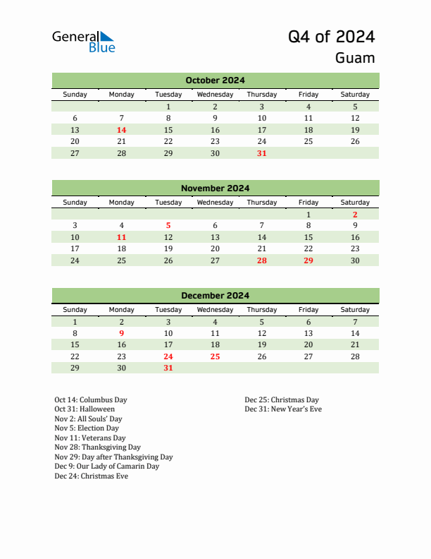 Quarterly Calendar 2024 with Guam Holidays