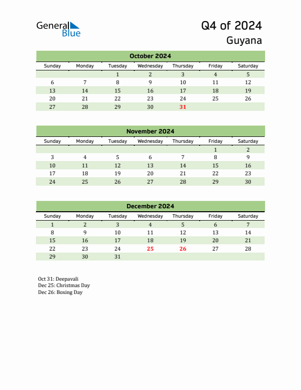 Quarterly Calendar 2024 with Guyana Holidays