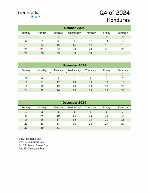 Quarterly Calendar 2024 with Honduras Holidays