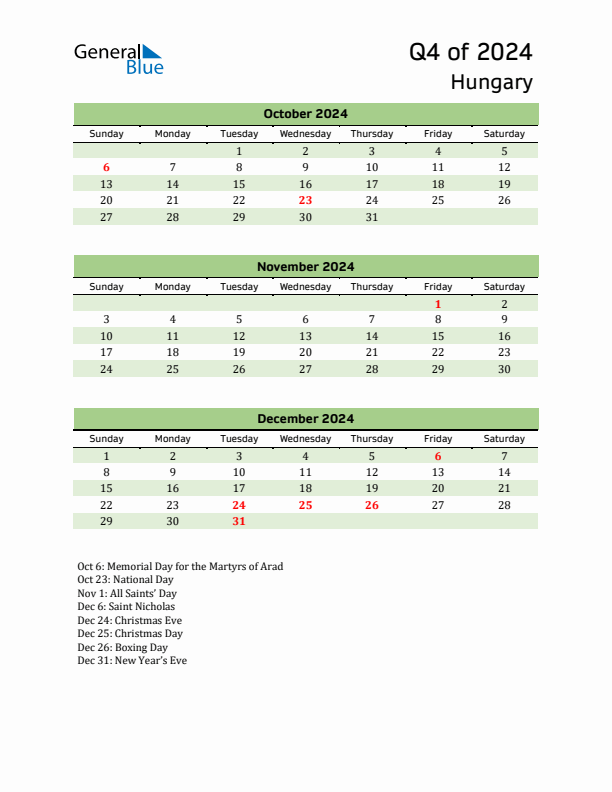 Quarterly Calendar 2024 with Hungary Holidays