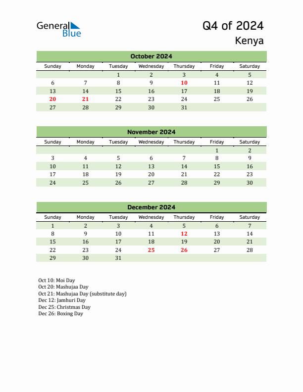 Quarterly Calendar 2024 with Kenya Holidays