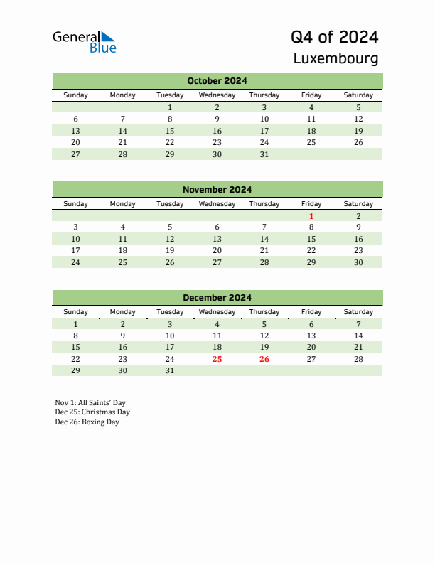 Quarterly Calendar 2024 with Luxembourg Holidays