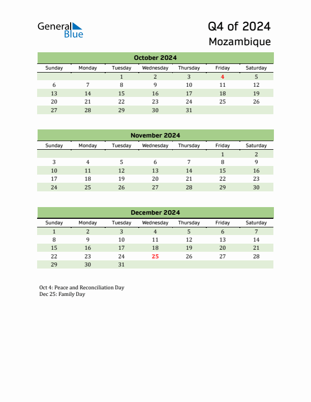 Quarterly Calendar 2024 with Mozambique Holidays