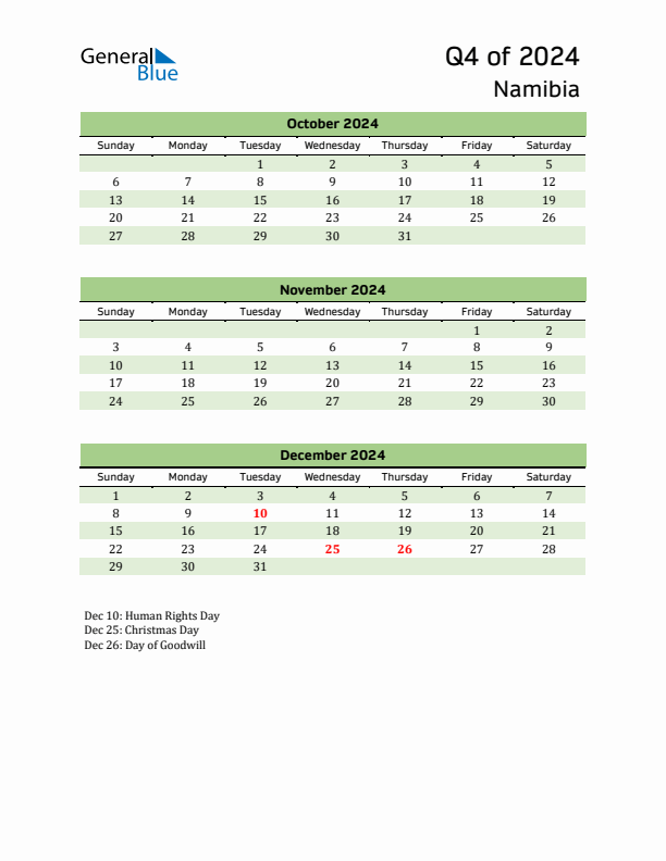 Quarterly Calendar 2024 with Namibia Holidays