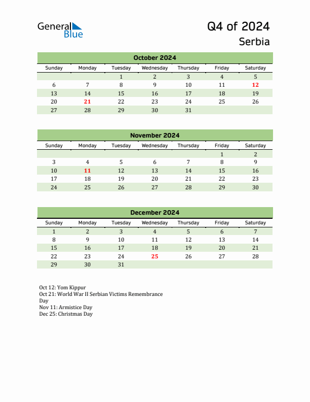 Quarterly Calendar 2024 with Serbia Holidays