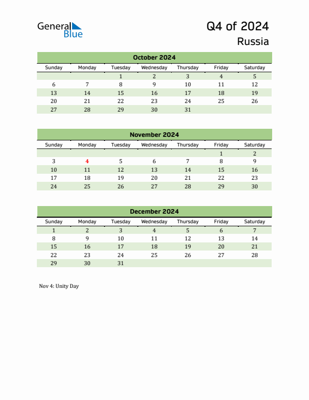 Quarterly Calendar 2024 with Russia Holidays