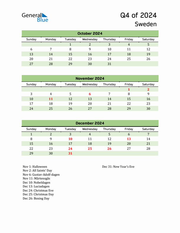 Quarterly Calendar 2024 with Sweden Holidays