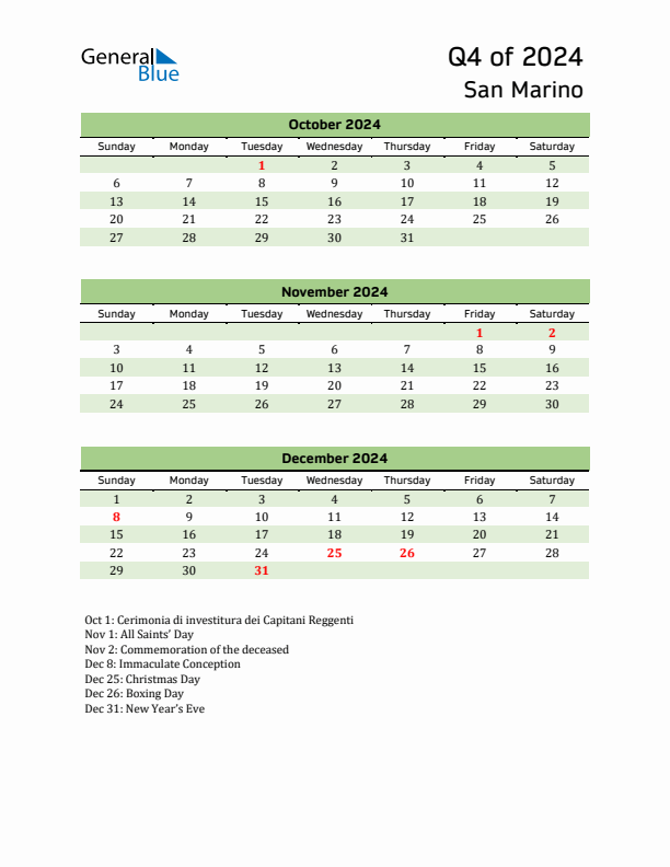 Quarterly Calendar 2024 with San Marino Holidays