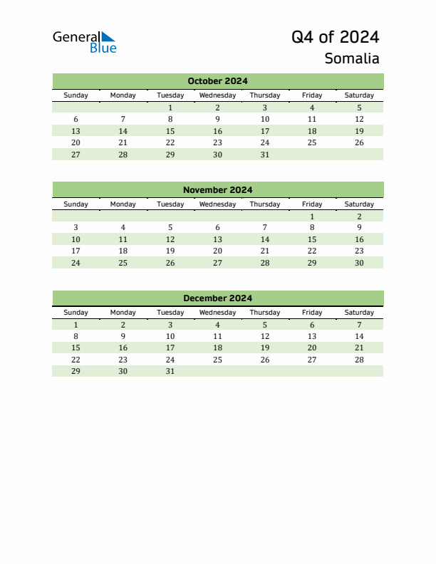 Quarterly Calendar 2024 with Somalia Holidays