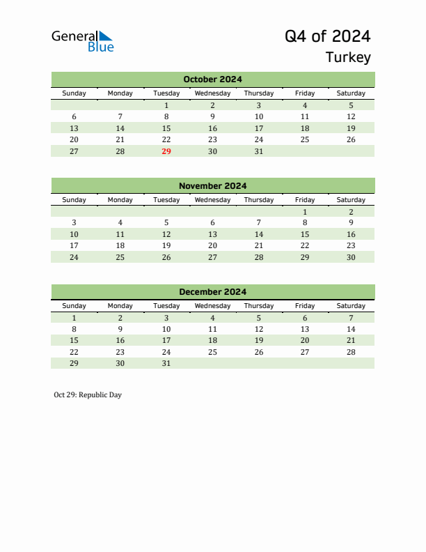 Quarterly Calendar 2024 with Turkey Holidays