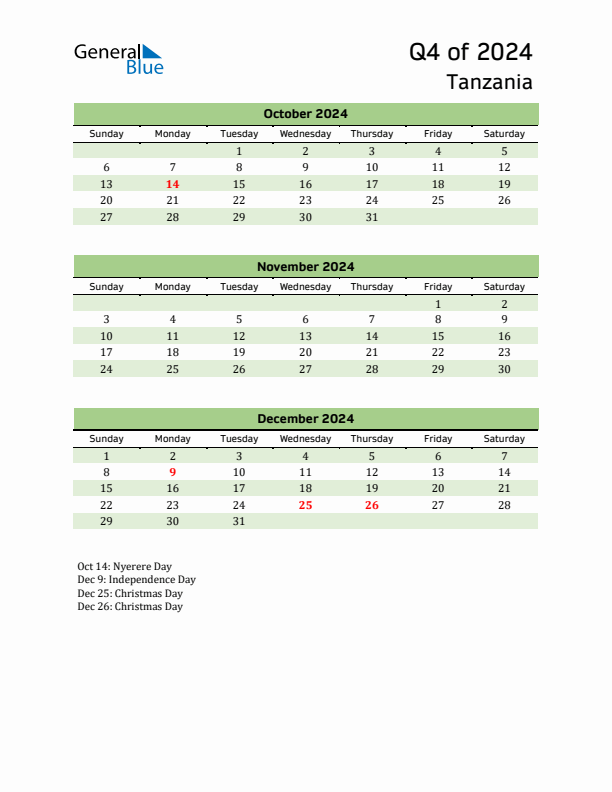 Quarterly Calendar 2024 with Tanzania Holidays