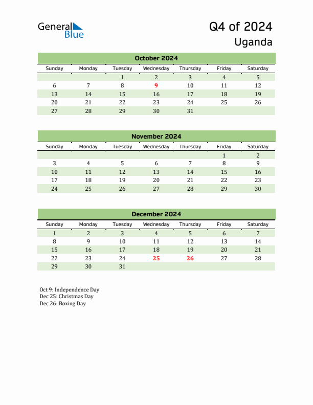 Quarterly Calendar 2024 with Uganda Holidays