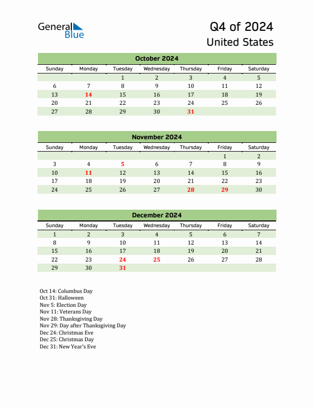 Quarterly Calendar 2024 with United States Holidays