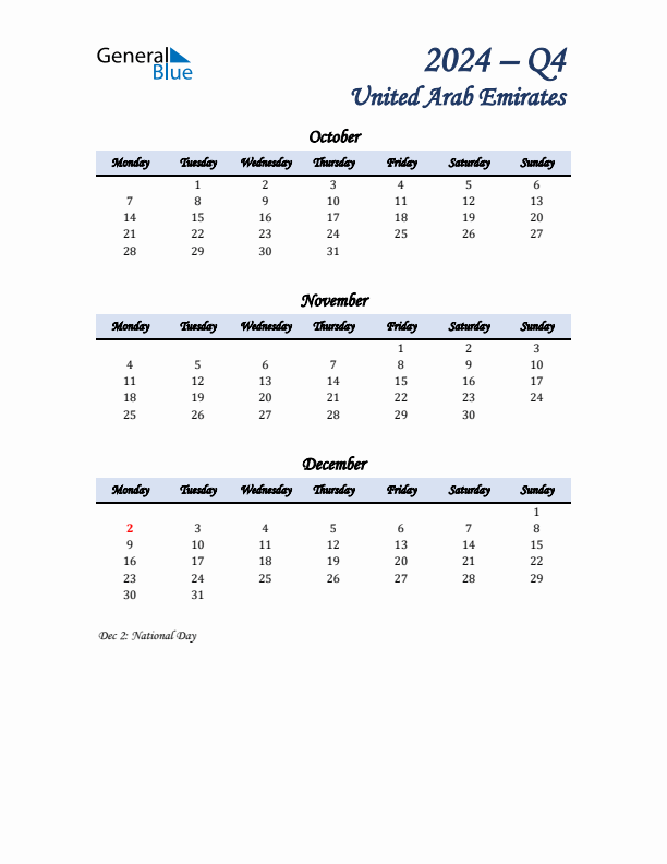 October, November, and December Calendar for United Arab Emirates with Monday Start