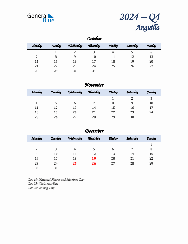 October, November, and December Calendar for Anguilla with Monday Start