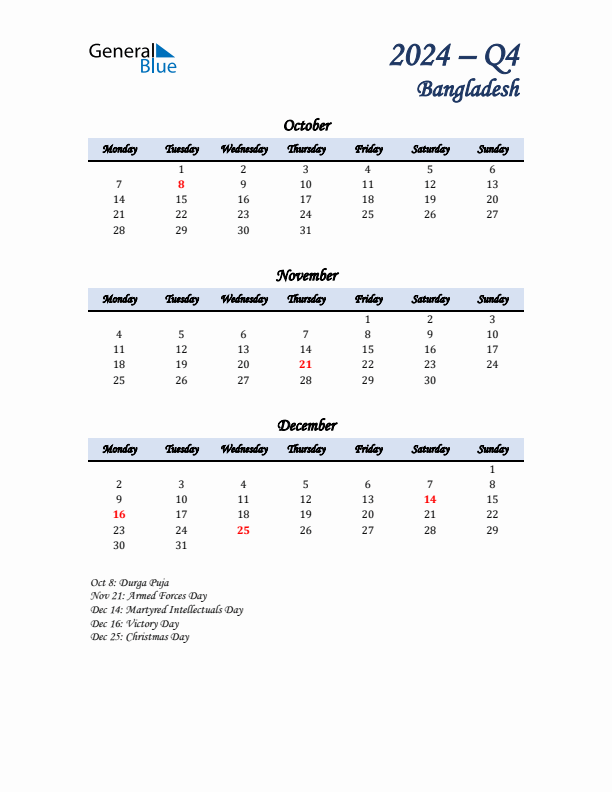 October, November, and December Calendar for Bangladesh with Monday Start