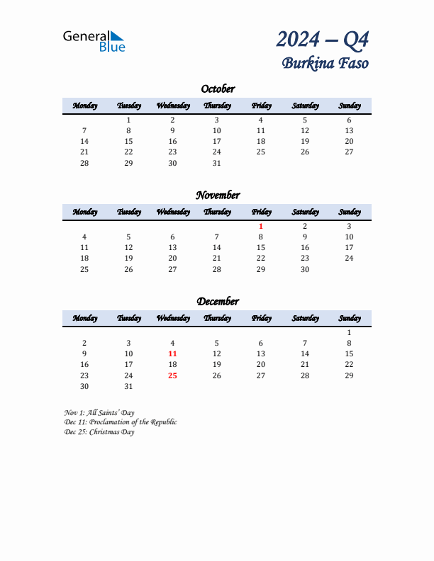 October, November, and December Calendar for Burkina Faso with Monday Start