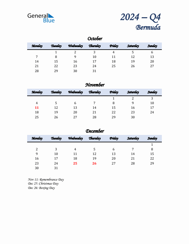 October, November, and December Calendar for Bermuda with Monday Start