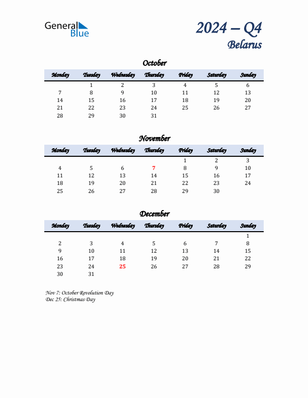 October, November, and December Calendar for Belarus with Monday Start