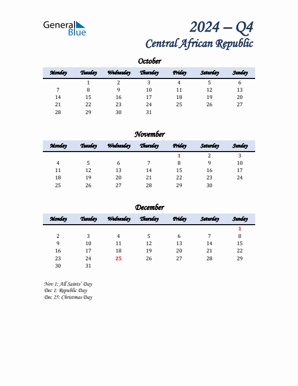 October, November, and December Calendar for Central African Republic with Monday Start