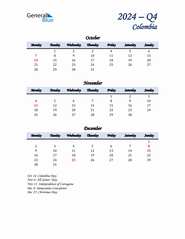 October, November, and December Calendar for Colombia with Monday Start