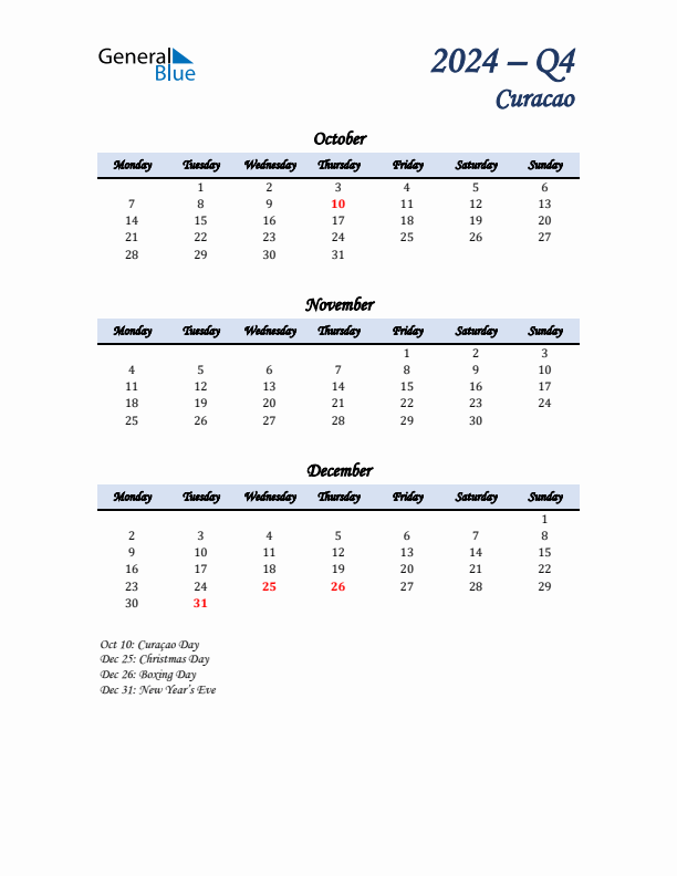 October, November, and December Calendar for Curacao with Monday Start