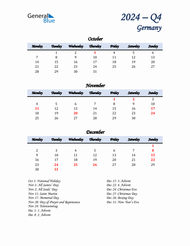 October, November, and December Calendar for Germany with Monday Start