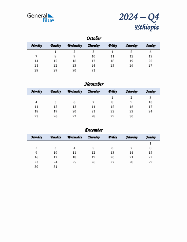 October, November, and December Calendar for Ethiopia with Monday Start