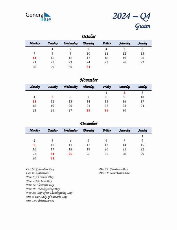 October, November, and December Calendar for Guam with Monday Start