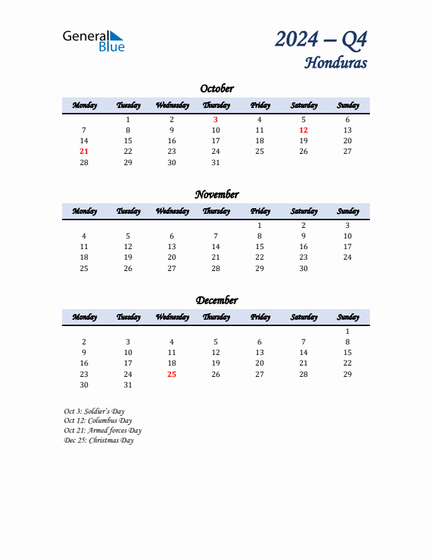 October, November, and December Calendar for Honduras with Monday Start