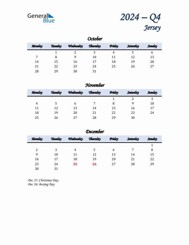 October, November, and December Calendar for Jersey with Monday Start