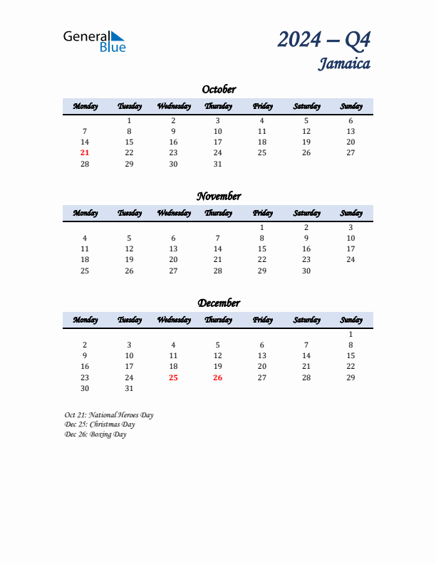 October, November, and December Calendar for Jamaica with Monday Start