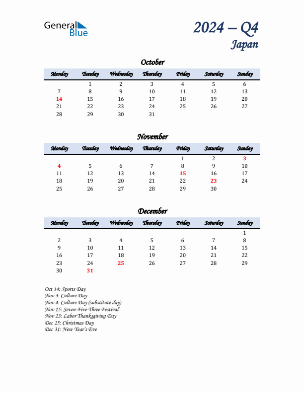 October, November, and December Calendar for Japan with Monday Start