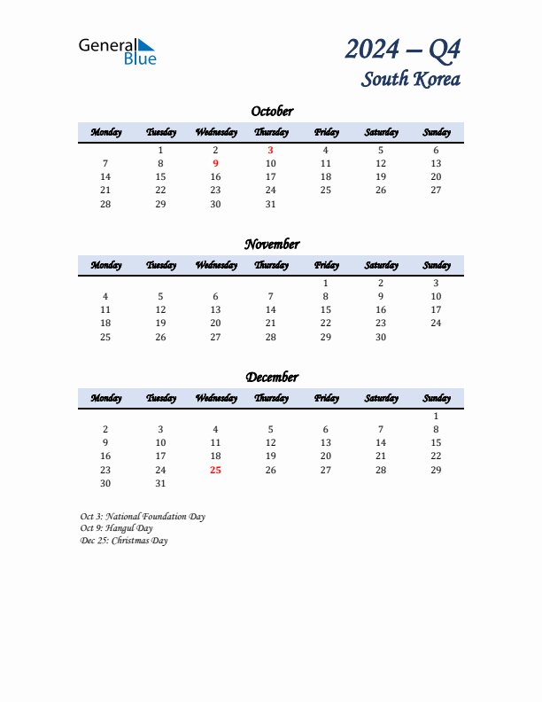 October, November, and December Calendar for South Korea with Monday Start