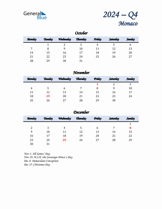 October, November, and December Calendar for Monaco with Monday Start