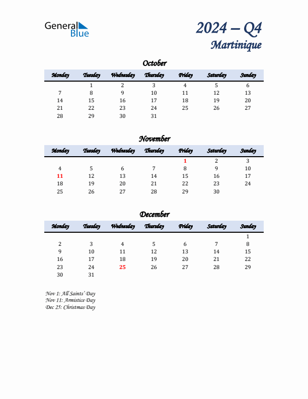 October, November, and December Calendar for Martinique with Monday Start