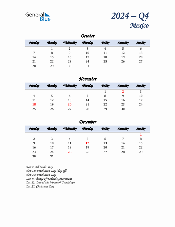 October, November, and December Calendar for Mexico with Monday Start