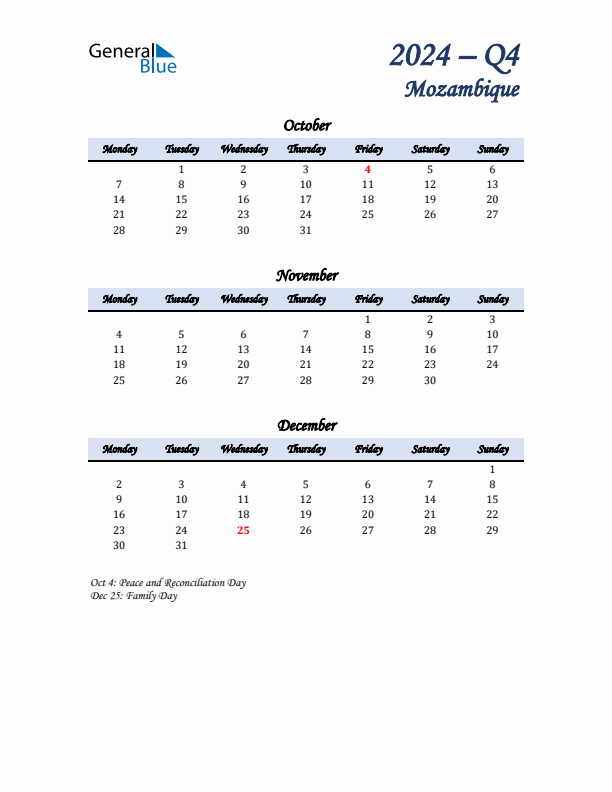 October, November, and December Calendar for Mozambique with Monday Start