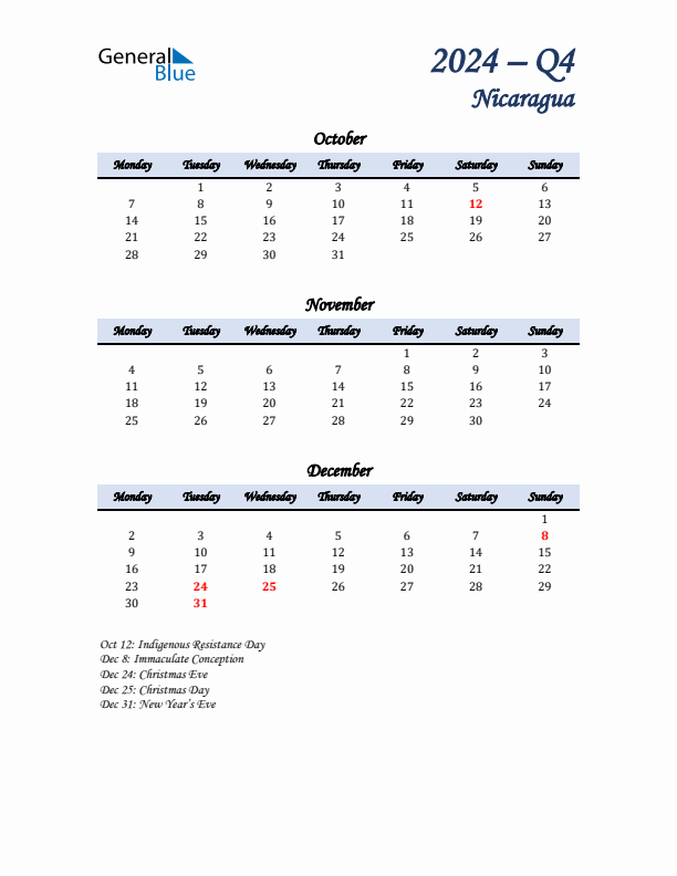 October, November, and December Calendar for Nicaragua with Monday Start