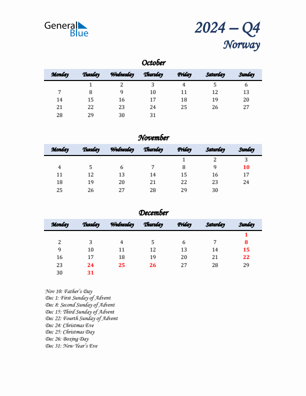 October, November, and December Calendar for Norway with Monday Start