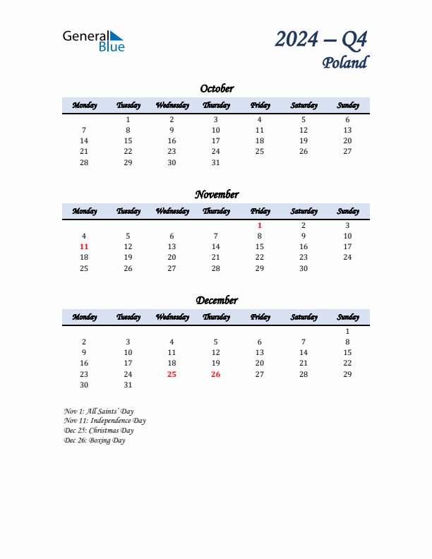 October, November, and December Calendar for Poland with Monday Start