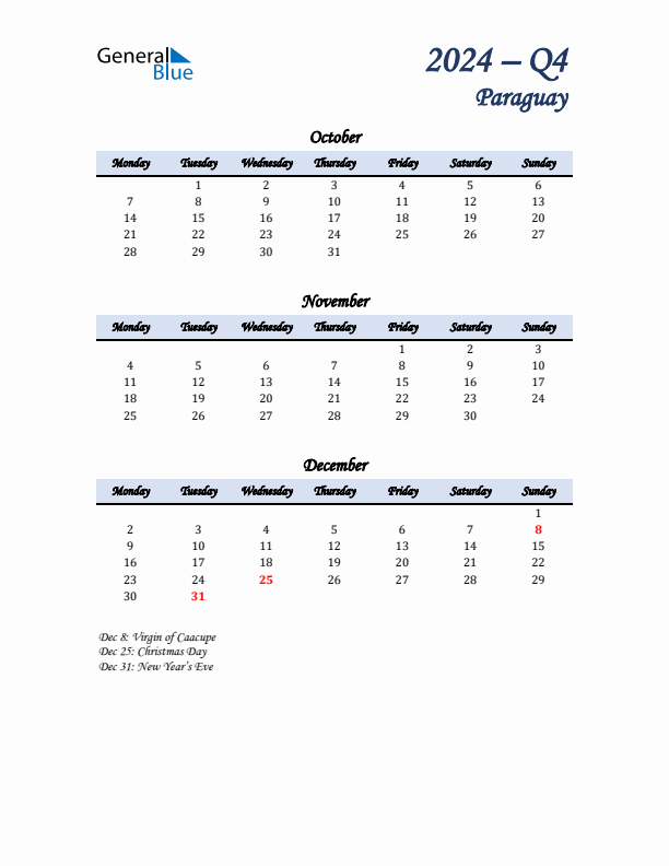 October, November, and December Calendar for Paraguay with Monday Start