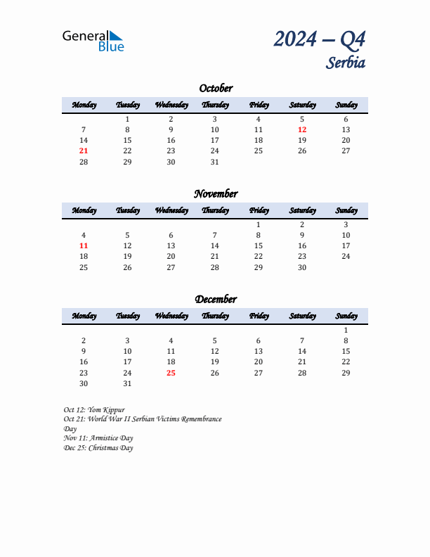 October, November, and December Calendar for Serbia with Monday Start