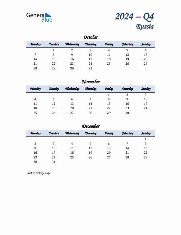 October, November, and December Calendar for Russia with Monday Start