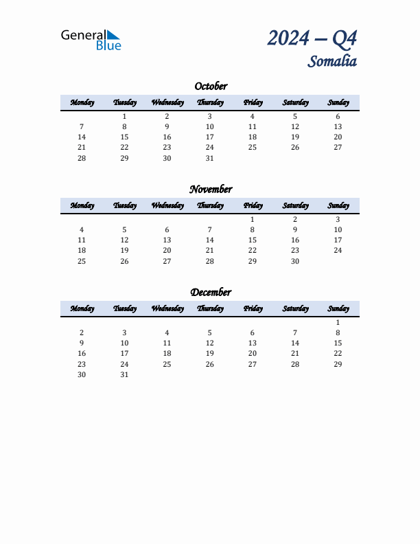 October, November, and December Calendar for Somalia with Monday Start